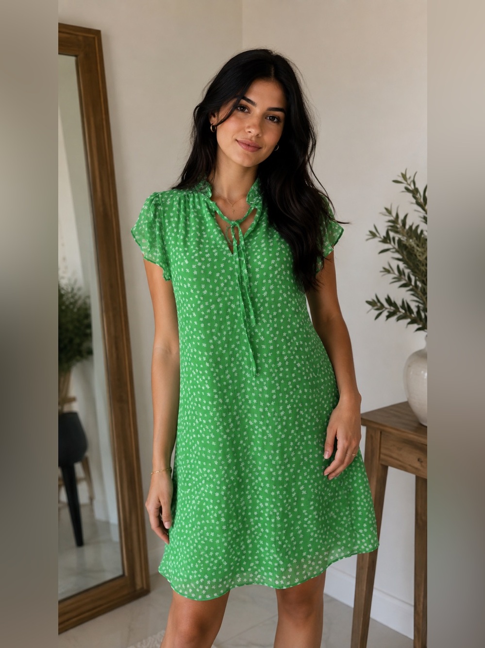 DKNY Green Floral Tie-Front Midi Dress